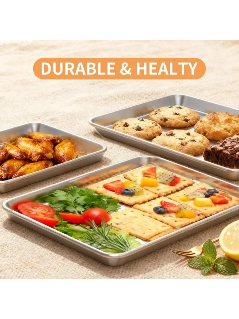 Stainless Steel Baking Sheet Set of 3 - Non-Stick, Heavy Duty, Easy Clean Pans